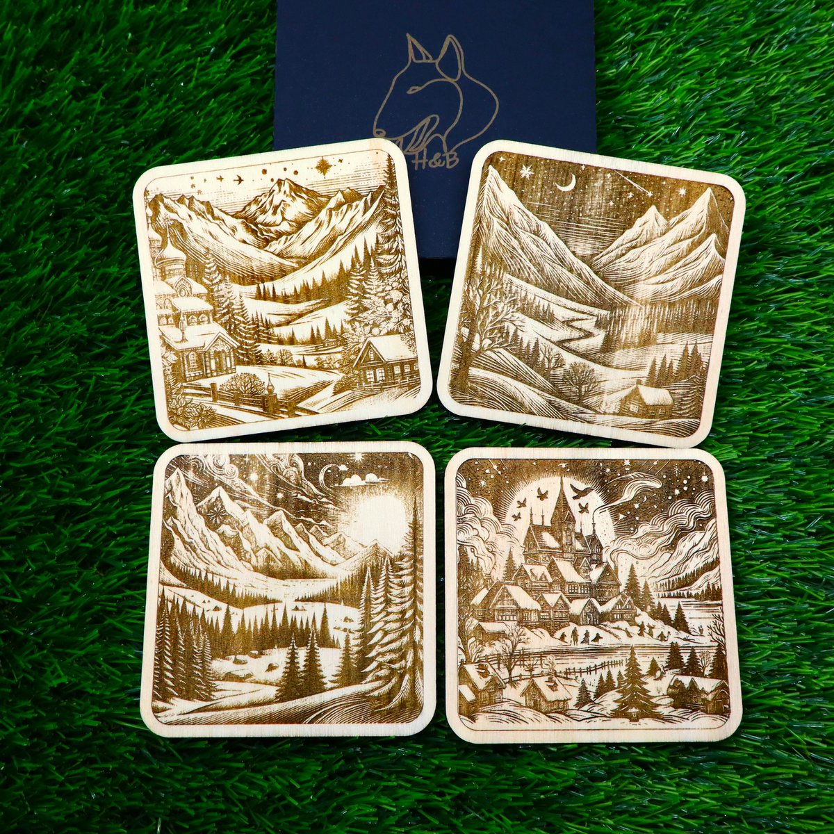 Wooden Winter Coasters, Snowy Forest and Mountain Decor, Housewarming Gift