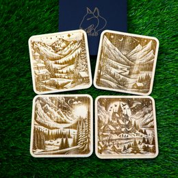 Wooden Winter Coasters, Snowy Forest and Mountain Decor, Housewarming Gift