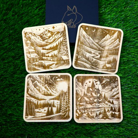 Hölzerne Winter Untersetzer, schneebedeckter Wald und Bergdekor, Hauswärming -Geschenk