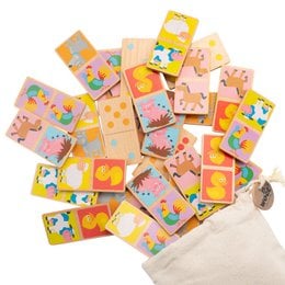 Domino - Animals is a kids toy featuring a set of wooden domino tiles with colorful animal designs. The tiles include a variety of animal shapes and patterns in vibrant colors, making it an engaging and educational toy for young children.