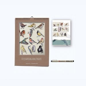 Birds birthday calendar, 12 greeting cards, pen - gift set