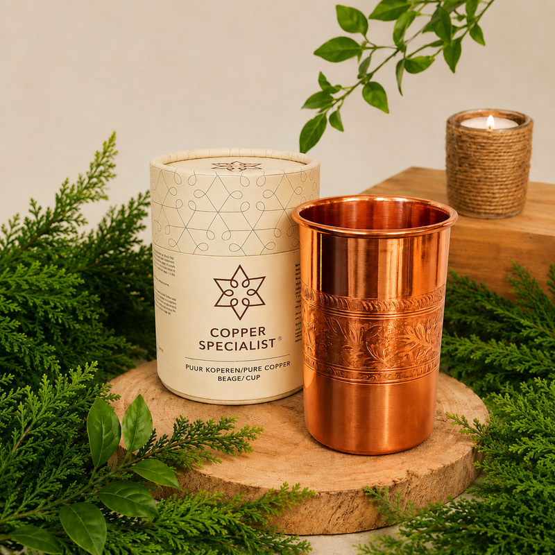 Puur koperen beker bloempatroon rand – 300 ml/105 g (zware uitvoering, in luxe geschenkverpakking)