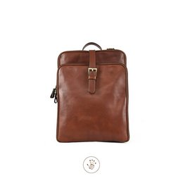 A brown leather backpack with a buckle closure and multiple pockets, suitable for everyday use or travel.