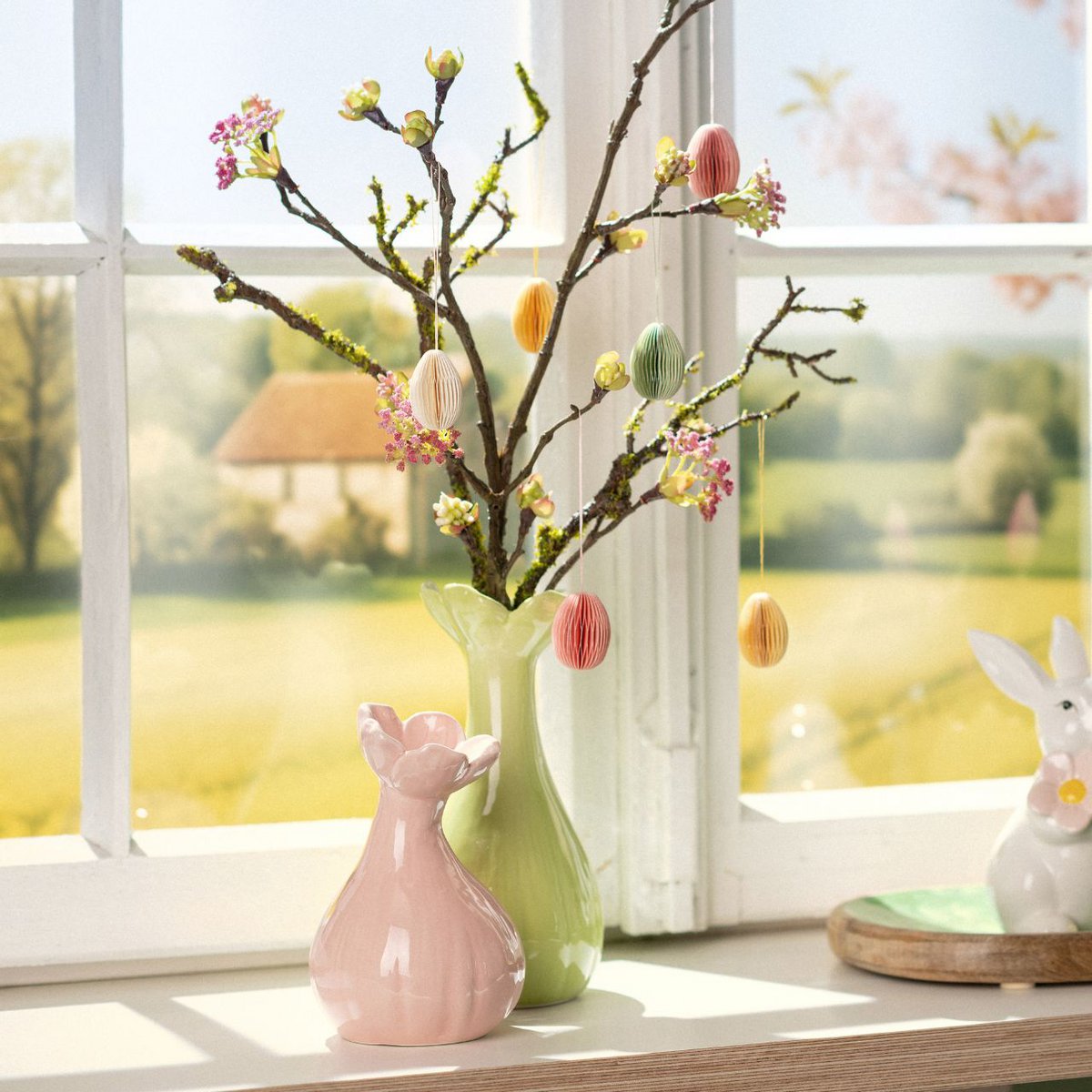 Ceramic vase, triple, pink/yellow/green (b/h/t) 9x15x9cm