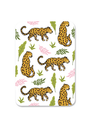 Leopard pattern card with multiple leopard illustrations in various poses and colors.