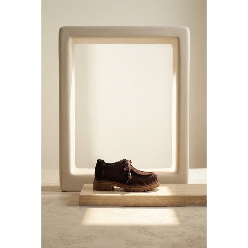 ODDA BEADS CHOCOLADE – Suède Wallabees met veters van harskralen en dikke zool