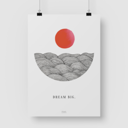 "Art print featuring a minimalist design with a red sun and gray wavy lines, representing the concept of "Dream Big". Available in two sizes, DIN A4 and DIN A3."