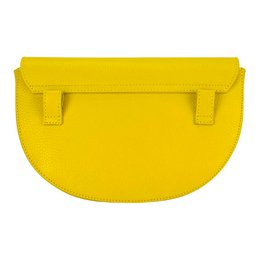 RB1027R | Runde Damen-Umhängetasche aus echtem Leder, hergestellt in Italien. Abnehmbarer und verstellbarer Schultergurt aus Leder. Zubehör aus poliertem Nickel – gelbe Farbe – Maße: 25 x 15 x 9 cm