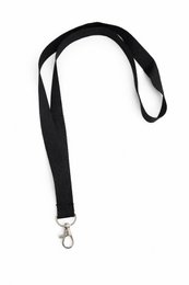 Black lanyard with metal clasp. Durable and versatile for holding keys, ID badges, or other small items.