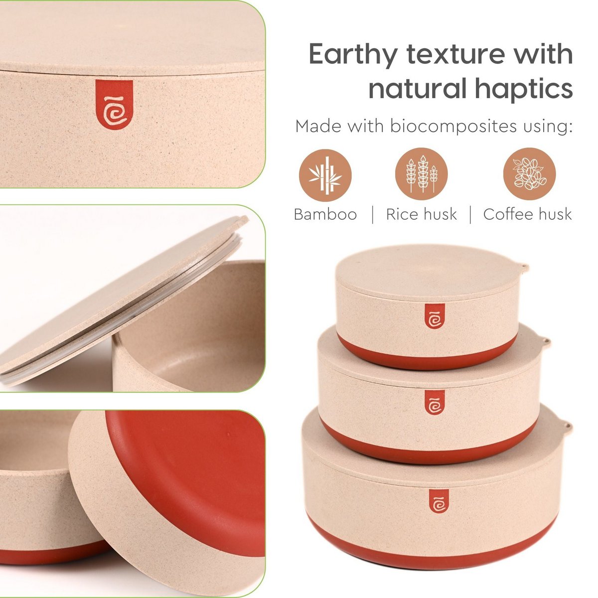 Ecofy Terravo Storage Containers For Kitchen | 1200ml, 2200ml, 600ml | Pack Of 3 | Storage Bowls Made with Rice Husk Biocomposite | Bowl With Lid | Antiskid & Airtight Containers TUV Certified