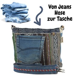 Sunsa Women's Sustainable Shoulder Bag. Shoulder bag made from recycled jeans & cotton. Handbag vintage retro style. Crossbody bag for women.