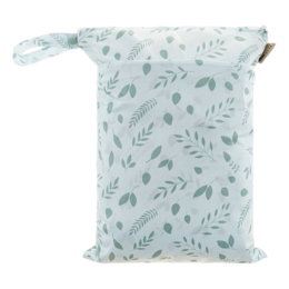 A botanical-patterned wet bag for diapers, featuring a soft, lightweight material and a zippered closure to keep contents secure.