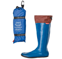 Foldable navy and lemon yellow rain boots with a compact carrying case.