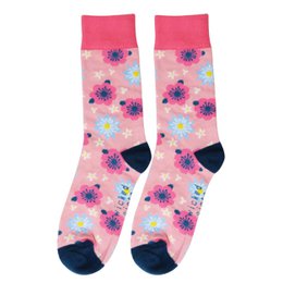 Vibrant pink socks with colorful floral patterns, perfect for adding a touch of whimsy to any outfit.