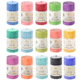 Eco Palm Wax Candles in a variety of vibrant colors including Bright Green, Burgundy, Coral, Dark Blue, Fuchsia, Emerald Green, Light Blue, Olive, Onyx, Orange, Paraiba, Pink, Red, Royal Blue, Sunny Yellow, Violet, White, and Yellow. These pillar candles are made from sustainable palm wax.