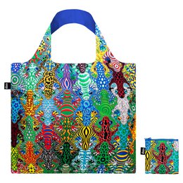 Colorful recycled shopping bag with vibrant floral and nature patterns, blue handles, foldable design.