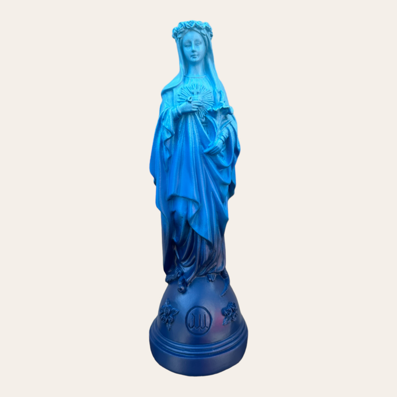 Marie statuette with Tie and Dye colored flowers