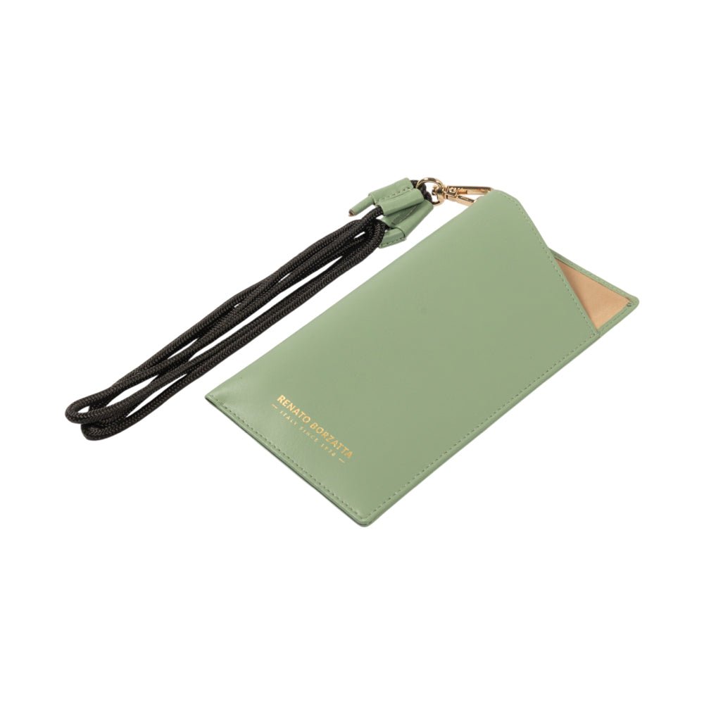 RB1087BF | Brillen-/Smartphone-Halter mit Schultergurt, hergestellt in Italien aus echtem, glattem, mattem Leder. Mintfarben