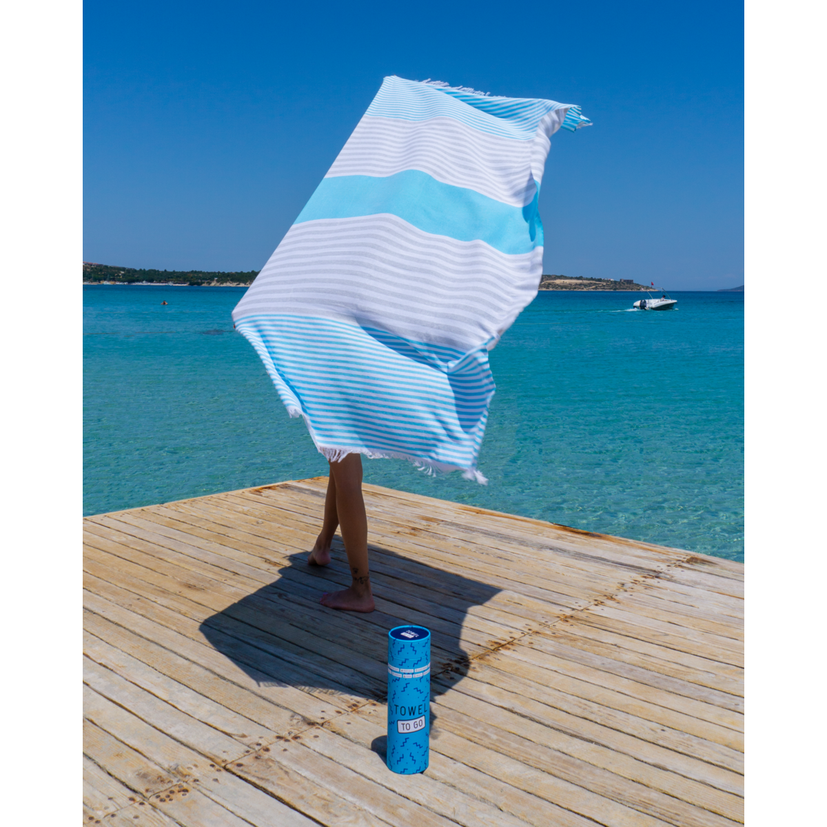 TOWEL TO GO BALI Cotton Beach Towel 180x100 cm | Quick Dry | Turquoise / Grey | with Gift Box
