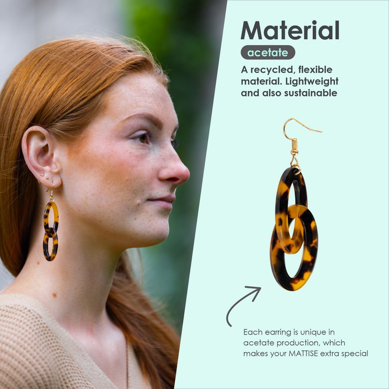 MATTISE Acetate Earrings Pendant — Handmade, Sustainable, Light weight & Unique — Tortoise Brown Black 20x67mm — Perfect Pair Hoops