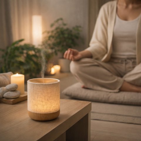 Ultrasonic Diffuser – Alesia – in Linen and Wood – Cold Diffusion – Aromatherapy Essential Oils – Decorative Gift Idea