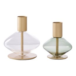 Kaarshouder - Goud/groen, helder, glas en metaal - Set van 2