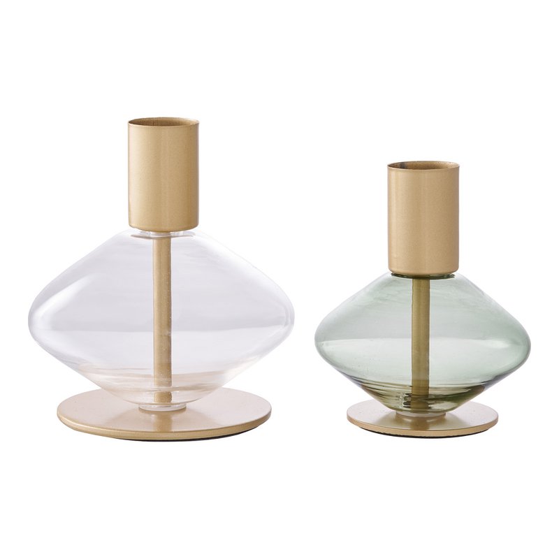 Kaarshouder - Goud/groen, helder, glas en metaal - Set van 2