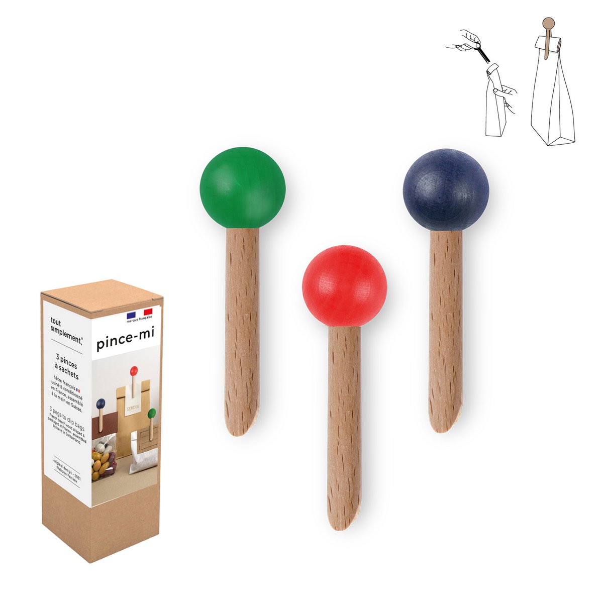 Boite de 3 pinces à sachet en bois - pomme/cerise/bleu nuit