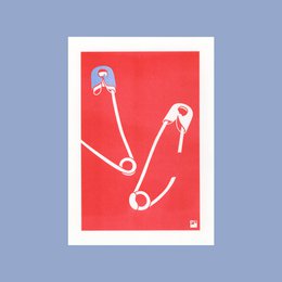  A minimalist poster featuring white safety pins on a bright red background. The poster has a simple, graphic design style.