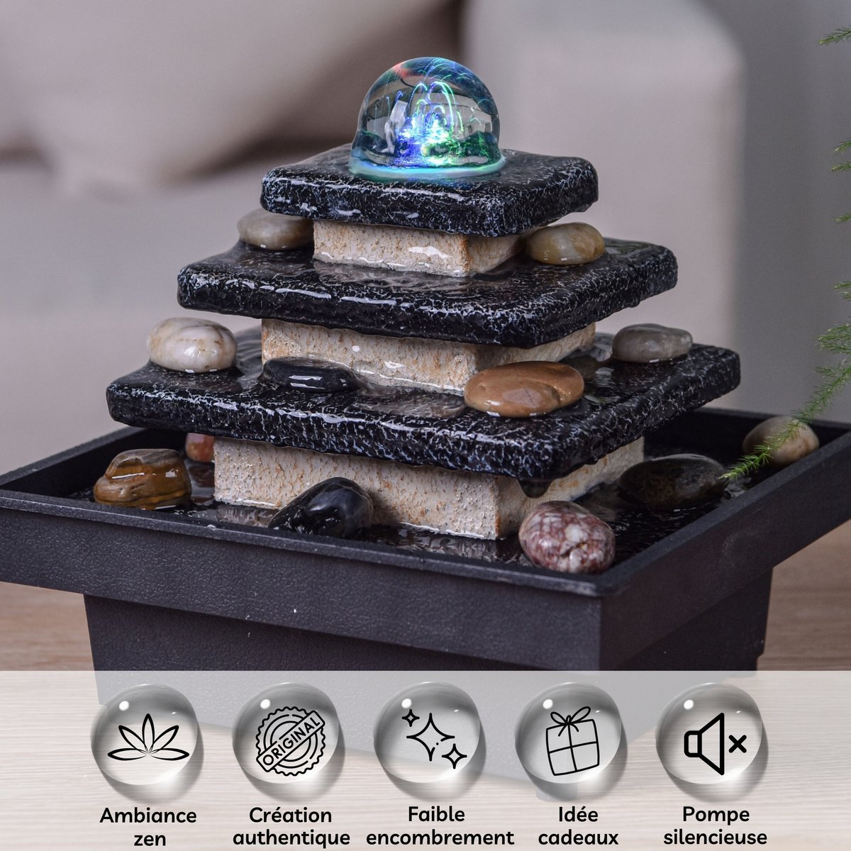 Fontaine d'Intérieur - Eka - Déco Zen et Originale - Design Temple Lumière Led Colorée - Idée Cadeau