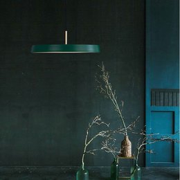  Vintage pendant light, round flat disc shade, green and black, brass metal, 50cm diameter, modern minimalist design.