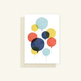 Colorful birthday greeting card with abstract balloon shapes in various vibrant hues, including red, yellow, blue, and green.