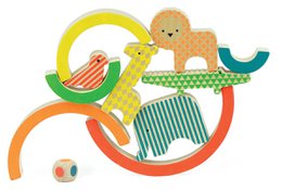  "Wooden rainbow stacking tower game with colorful arcs, bear figure, educational toy for balance and coordination"