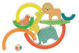 "Wooden rainbow stacking tower game with colorful arcs, bear figure, educational toy for balance and coordination"