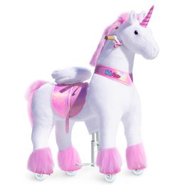 A plush, pink unicorn ride-on toy with a horn, saddle, and soft, furry body. Suitable for children aged 7 and up.