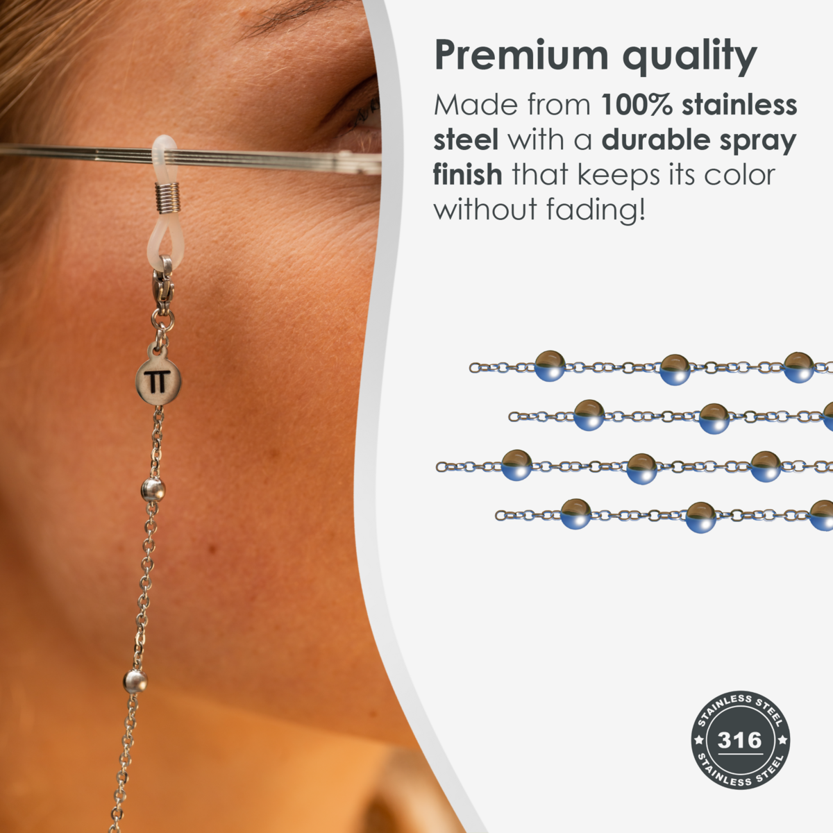 Glasses Cord Balls Silver — 100% Stainless Steel & Unisex Eyewear Cords for Women and Men — Glasses Chain with Extra Loops — Brillenkoord Brillenband Brillenkette Cordon de Lunettes Cordón Para Gafas