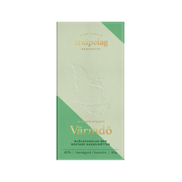 Värmdœ is a premium chocolate bar with a smooth, creamy texture. The packaging features a minimalist green and white design, giving it a sophisticated and elegant appearance.
