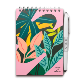 A colorful, hardcover notebook with a tropical leaf pattern design. The notebook features an erasable surface, making it ideal for note-taking and planning.