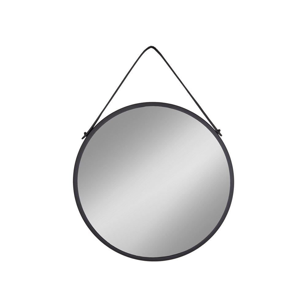 Trapani Mirror - Black, Steel, Artificial Leather, Ø38cm
