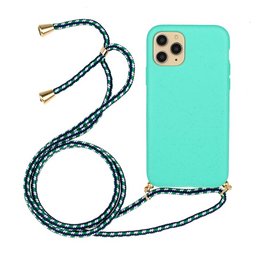 Mint green phone case with braided cord strap. Made of natural wheat straw material, eco-friendly and fashionable.