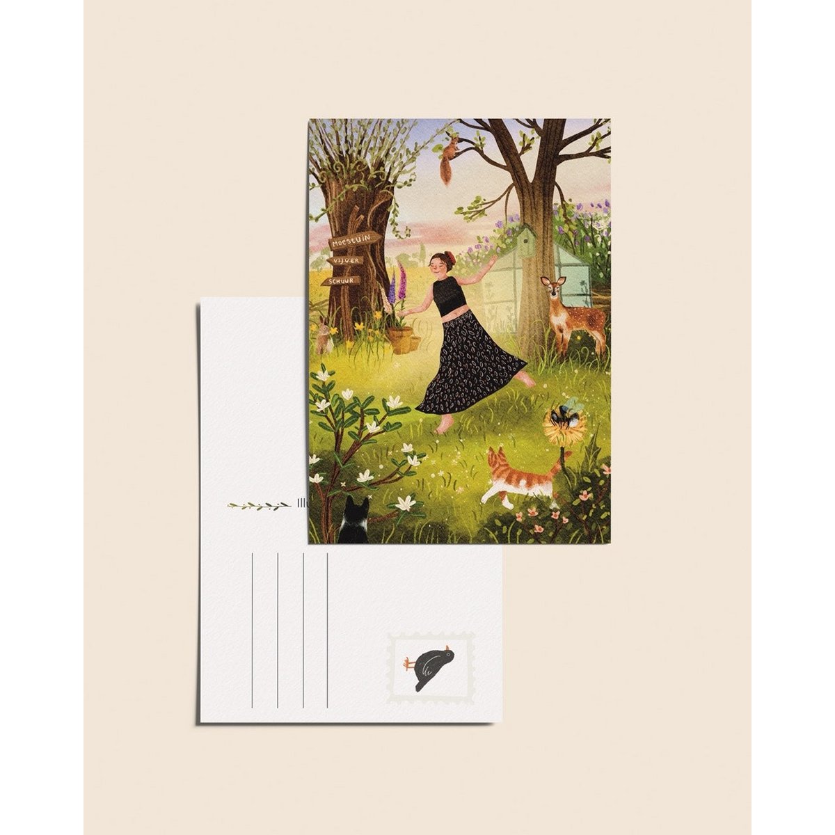 “Dancing in the garden” – A6 Illustrated Postcard | 350gsm Tintoretto Gesso