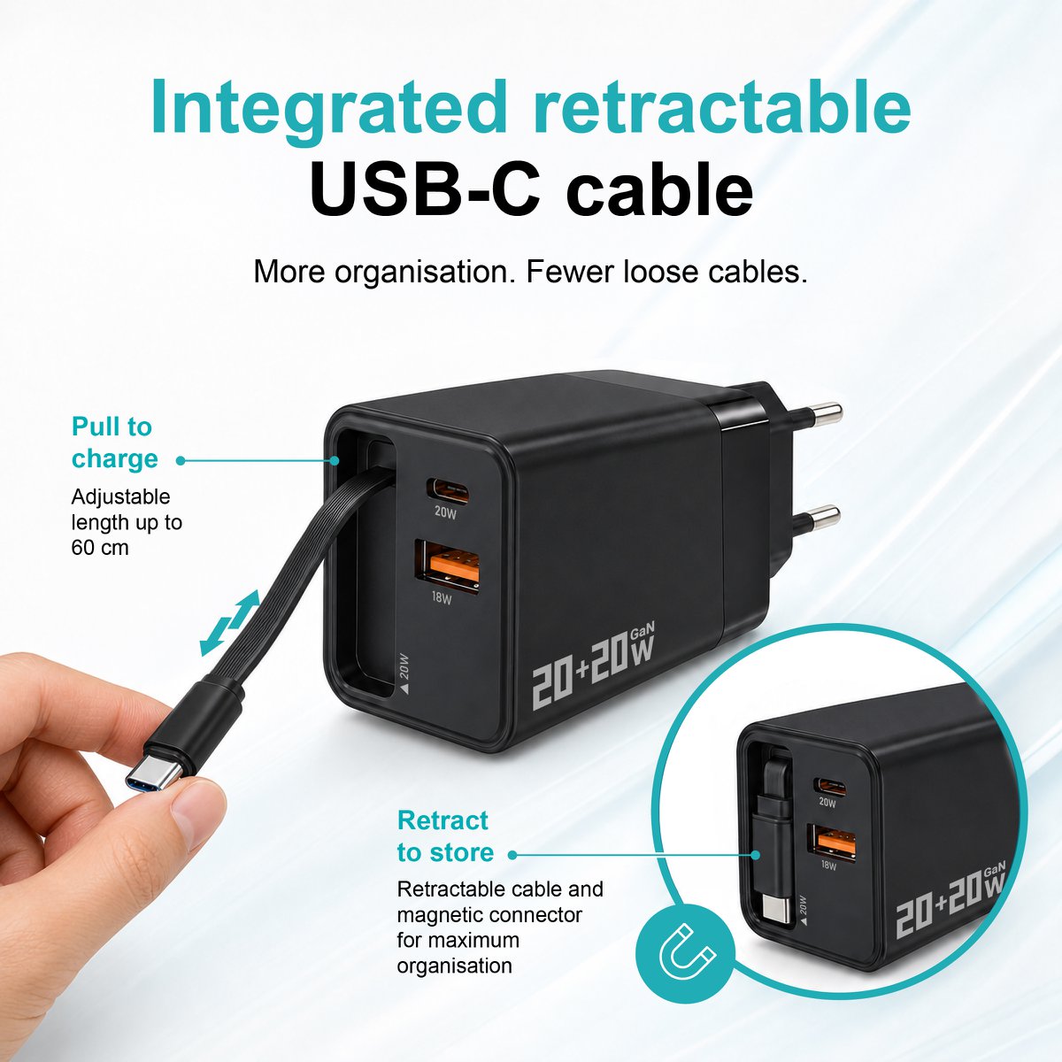 Cargador GaN de 40W con cable USB-C retráctil – NOVOTECK C-025