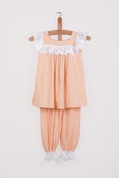 Peach-colored kids' pajama set with lace trim and embroidered details. Includes a sleeveless top and loose-fitting pants.