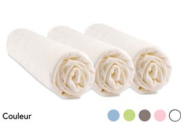 Set of 3 viscose bamboo fitted sheets, available in Ciel, Blanc, Anis, Taupe, Écru, and Rose colors. Soft, breathable, and comfortable for cribs.