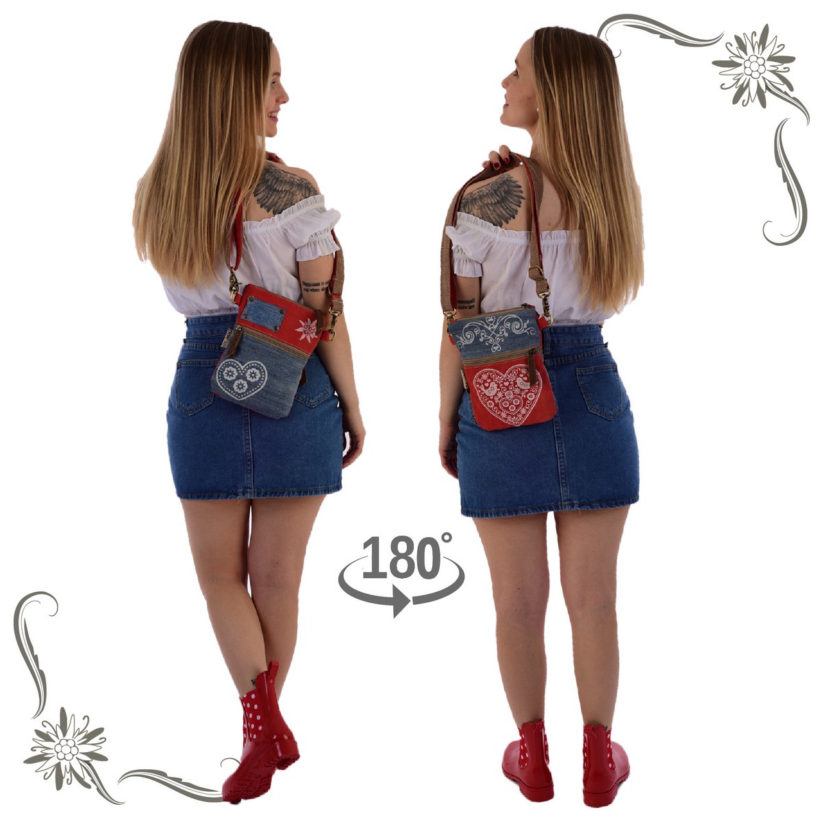 Domelo traditionele tas dames schoudertas. Dirndl schoudertas gemaakt van upcycled jeans en canvas en leer. Handtas in traditionele stijl met hartjesprint. Crossbodytas voor dames als Oktoberfest-accessoire.