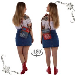Domelo Trachtentasche Damen Umhängetasche. Dirndl Schultertasche aus Jeansstoff und Canvas (Segeltuch) und Leder. Handtasche in Trachtenstil mit Herz Aufdruck. Crossbody Tasche für Frauen als Oktoberfest Accessoires.