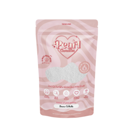  A round, white pillar candle with the word "Pearl" and a heart design embossed on the surface. The candle is available in 250g and 500g sizes.