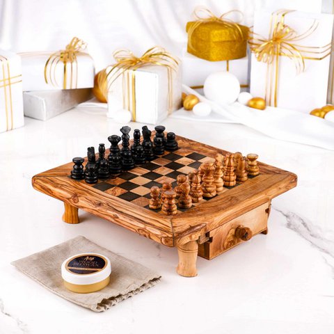Handmade Olive Wood Chess Set with Storage Drawers