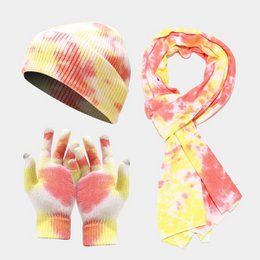 Tie-dye Knitted Hat Gloves Scarf Set Ladies