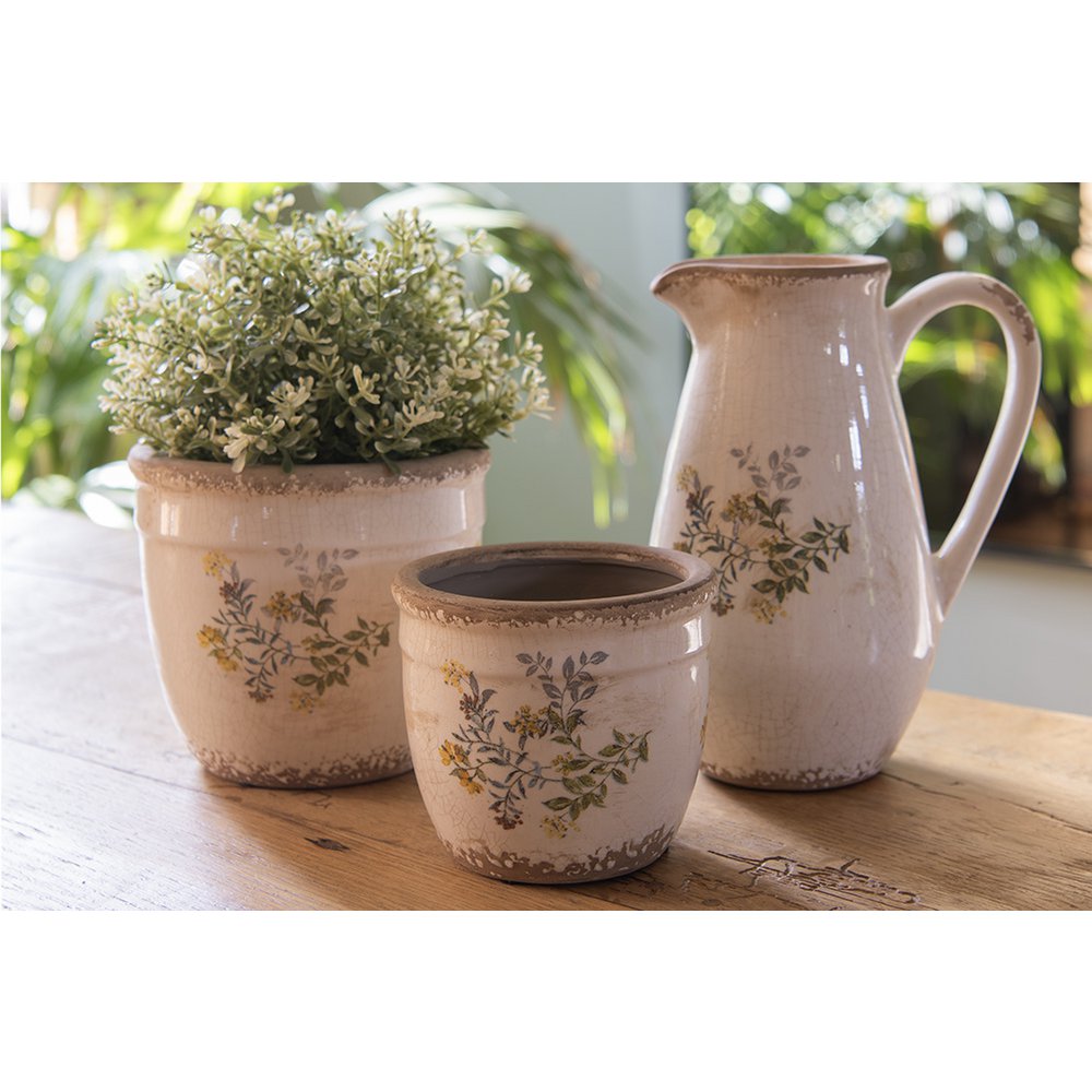 Decoratie Kan 17x13x22 cm Beige Geel Keramiek Bloemen Schenkkan
